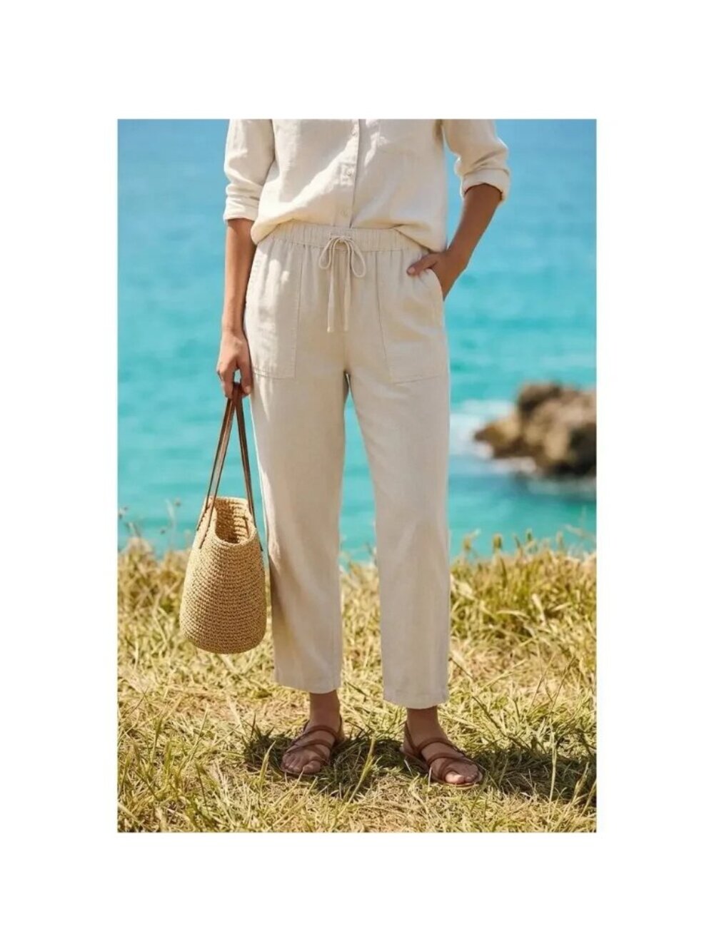 Anthropologie x Pilcro Trousers Pants Cream Linen Drawstring Pull-on Small Beach
